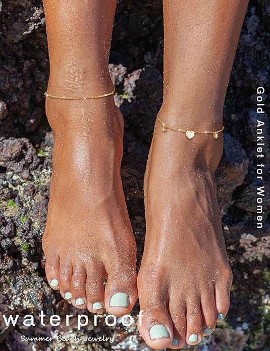RLMOON Gold Anklets for Women CZ Ankle Bracelet 14K Gold/Silver Plated Waterproof Dainty Layered Tennis Heart Dot Chain Silver Anklets Trendy Foot Jewelry
