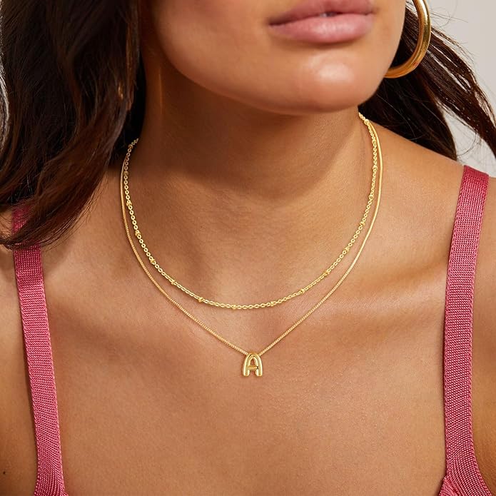 Initial 14K Gold Plated Necklaces for Women, Layered Bubble Letter A-Z Necklace Pendant Choker Necklaces for Women Trendy Monogram Name Necklace Personalized Jewelry for Women