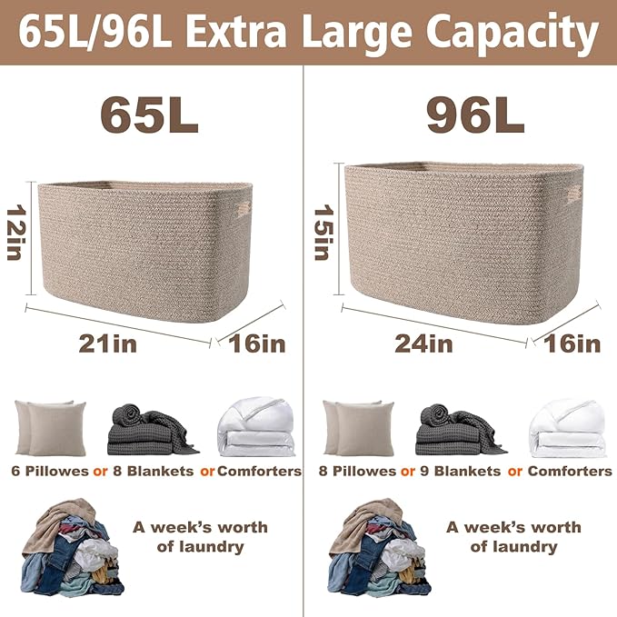 JMvicyroam 65L Large Woven Cotton Rope Blanket Basket, Oatmeal | Blanket Storage - Image 3