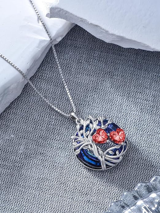 TOUPOP s925 Sterling Silver Family Celtic Tree of Life Pendant Necklaces with 2 Heart Birthstone with Blue Austrian Crystal Jewelry Birthday Valentines Day Gifts for Her, Anniversary Christmas Gifts for Wife Girlfriend Mom (18K Real White Gold Filled)