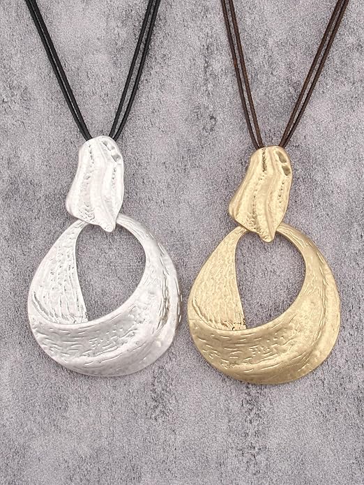 GelConnie Leather Necklace for Women Large Pendant Long Brown Necklace Circle Leather Choker Vintage Sweater Necklace Gold Chunky Boho Necklaces for Women