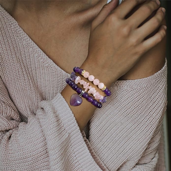 Healing Crystal Beaded Bracelets for Women,Natural Amethyst Gemstones Bracelet,Anxiety Stress Relief Heart Charm Bracelet Handmade purple Jewelry Gifts for Women