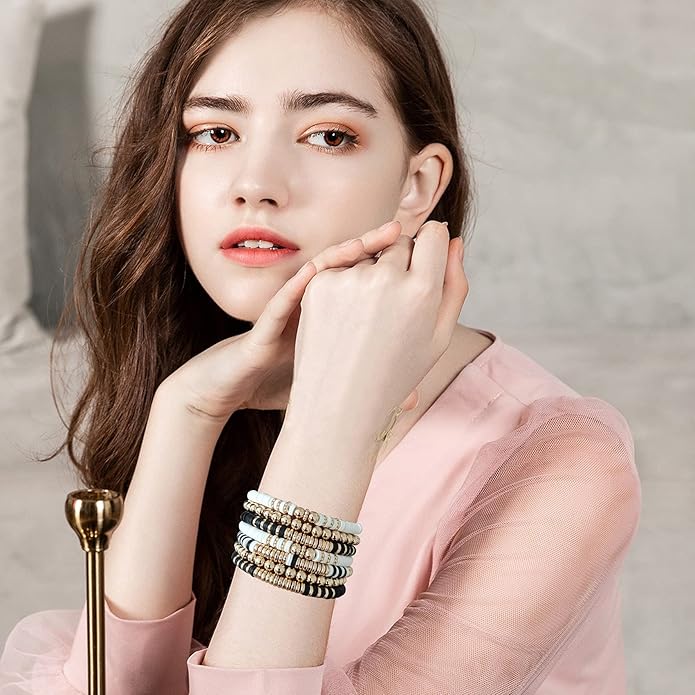 GOOJIDS Surfer Heishi Clay Bead Bracelets for Women Bohemian Stackable Gold Plated Beaded Stretch Bracelets Elastic Layering Friendship Bracelets Set Boho Jewelry