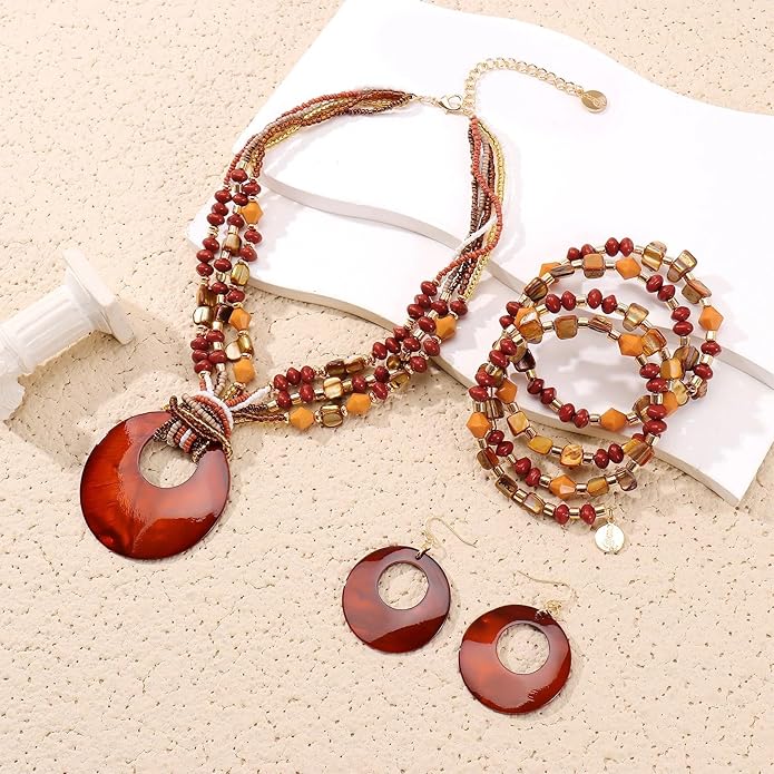 Jewelry Sets for Women 4 Pcs Chunky Beaded Mrs Roper Costume Jewelry for Women Boho Multi Strand Colorful Shell Necklace for Women