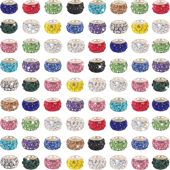 200Pcs Rhinestone Large Hole Beads Spacer Beads Mixcolor European Craft Big Beads Large Hole Rhinestones Lampwork Murano Bead Fairy Wand Garden Beads for DIY Bracelet Necklace Jewelry Making Supplies