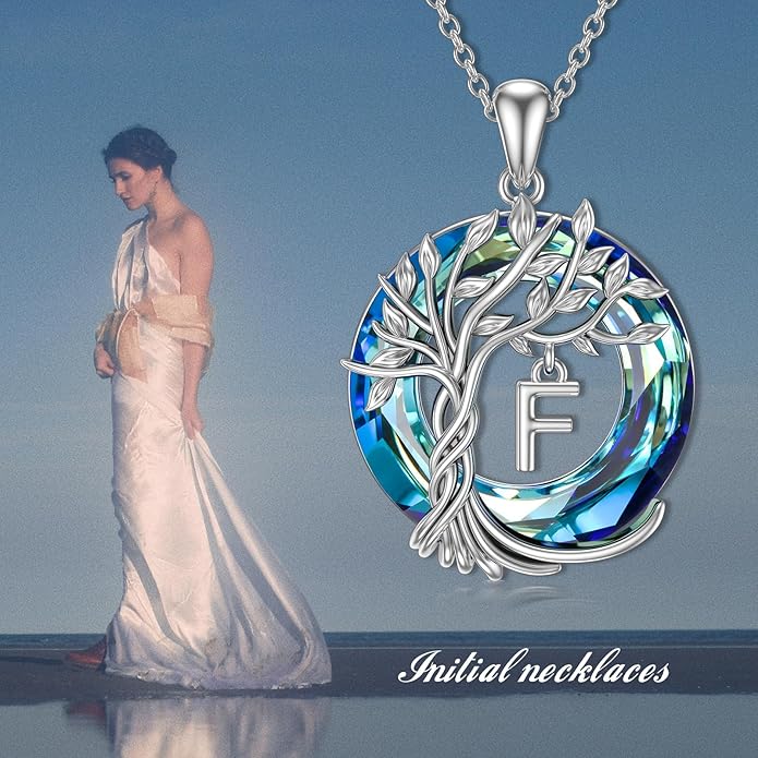 TOUPOP Gifts for Women Tree of Life Necklace 925 Sterling Silver Initial Pendant Family Tree Crystal Jewelry Valentine's Day Birthday Gifts for Her Mom Wife Girlfriend Daughter