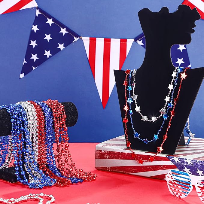 Kigeli 300 Pcs 4th of July Beads Necklaces Bulk Patriotic Red White Blue Beads Necklaces for Independent Day Party Favors Memorial Day Veterans Parade Throw Accessories(Classic Color,Stylish)
