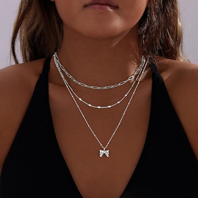 Layered Gold Necklaces for Women, Stackable Dainty 14K Gold Silver Plated Trendy Simple Heart Diamond Cross Bow Circle Pendant Paperclip Choker Dot Chain Necklace,Jewelry Set Gifts for Women