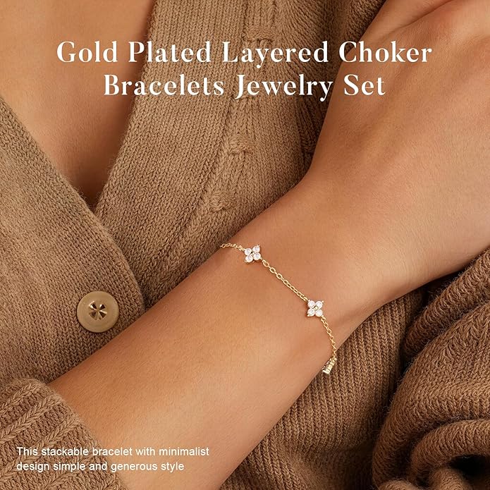 Yougeigy Gold Jewelry Set for Women, Dainty Necklaces 14k Gold Plated Prom Lariat Necklace Trendy Stuff Fashion Cubic Zirconia Simulated Diamond Gold Bracelets, Choker Necklace Jewelry Gifts