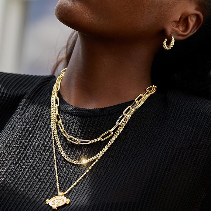 Dainty Layered Choker Necklace 18k gold Plated Y Pendant Commemorative coin Necklace Multilayer Bar Disc Necklace Adjustable Layering Choker Necklaces fashion jewelry for Women Girls