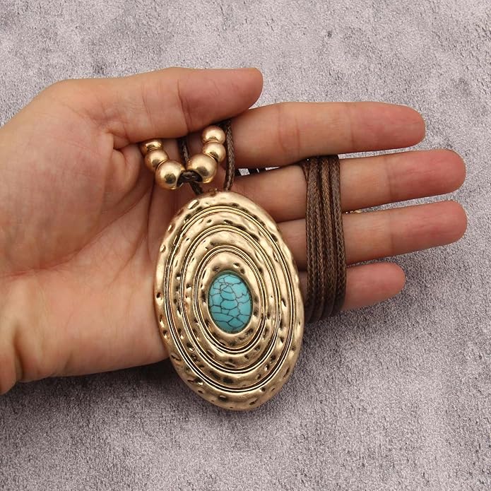 Boho Necklaces for Women Chunky Circle Necklace Layered Boho Circle Leather Choker Necklace Long Vintage Necklaces Bohemian Jewlery Gifts
