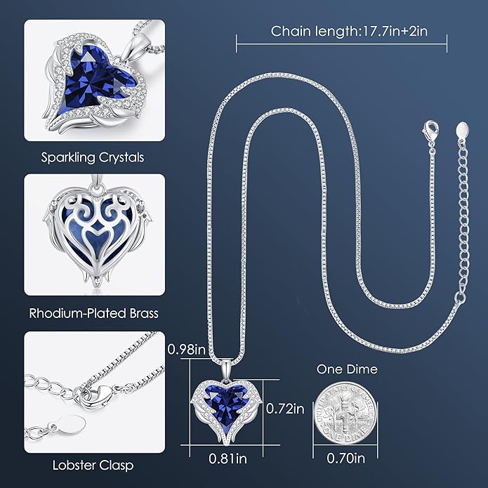 CDE Valentines Day Gifts for Women Angel Wings Necklace for Women with Birthstone, Love Heart Silver Tone/Gold Tone Pendant, Ideal Anniversary or Birthday Jewelry Gifts for Wife Girlfriend Her