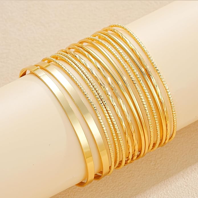 ÌF ME Gold Bangle Bracelets for Women, Indian Bangles Stackable Set, Multi Layer Textured 14K Gold Plated Chunky Bracelets Boho Jewelrys Set