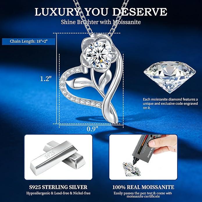 Gorgeous Moissanite Necklaces for Women - Valentine's Day Gifts for Wife Girlfriend, 925 Sterling Silver 1-3CT Moissanite Pendant Jewelry, Wedding Anniversary Birthday Christmas for Mom