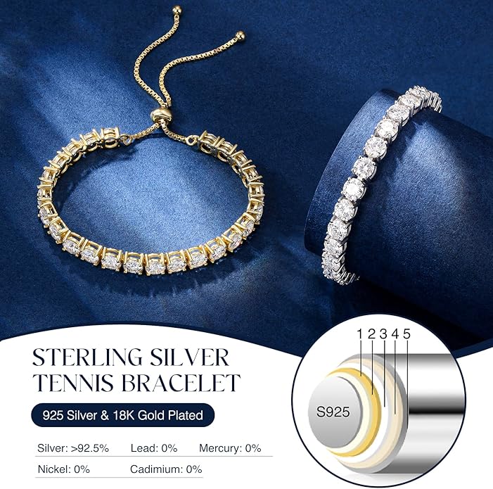 1.2-12 CTTW Moissanite Tennis Bracelet for Women, Adjustable 2-5mm D Color VVS1 Round Cut Moissanite Bolo Bracelet, 18K Gold Plated 925 Sterling Silver Simulated Diamond Bracelet Gifts for Women Her