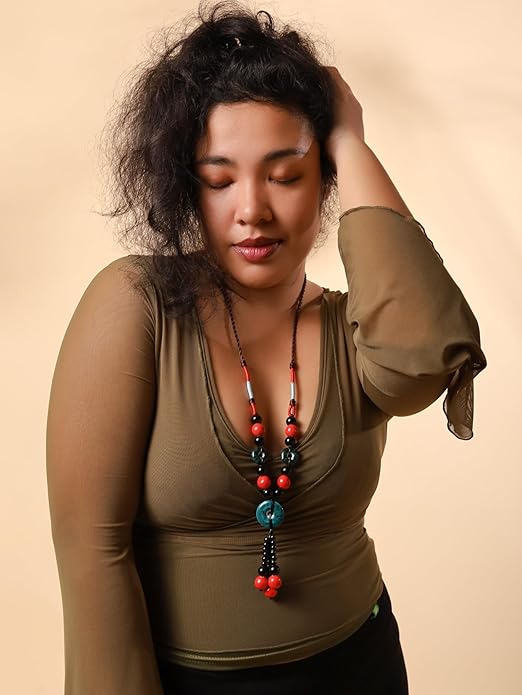 MINACHI Boho Hippie Colorful Ceramic Beads Strand O Ring Circle Charm Long Y Necklace, Vintage Bohemian Statement Jewelry Gift for Women