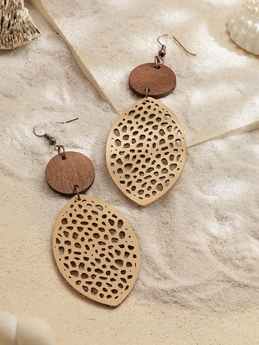 MINACHI Bohemian Hollow Cut-Out Wood Leather Dangle Drop Earrings, Boho Chic Hippie Statement Jewelry Gift for Women