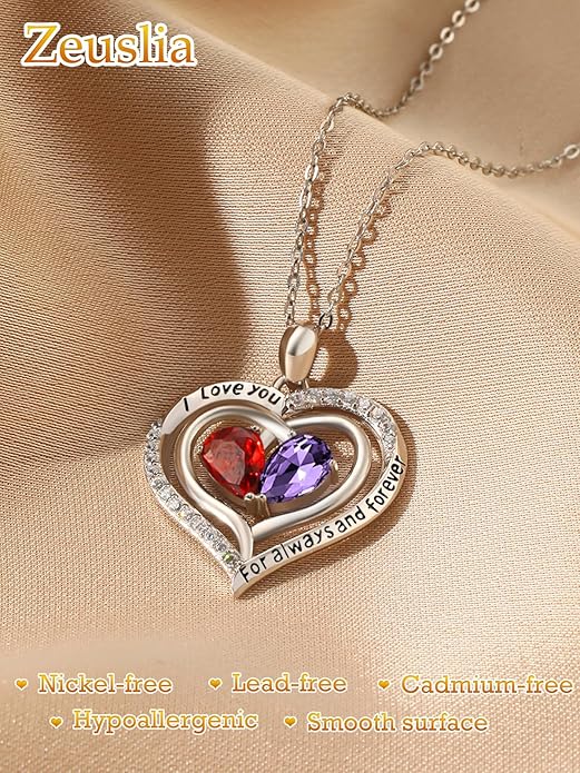 Valentine's Day Gifts for Wife 925 Sterling Silver Double Birthstone Pendant Necklaces I Love You for Always and Forever Necklace Anniversary Birthday Gifts for Wife Girlfriend Mom Her