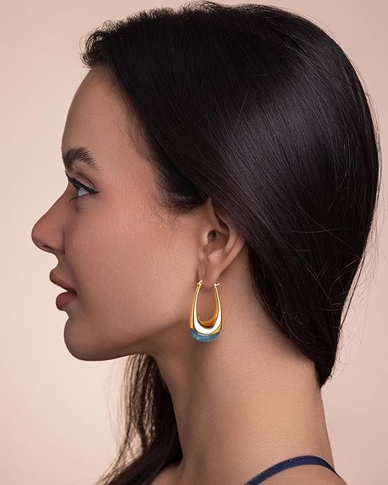 Long Oval Chunky Dangle 18K gold plated Hoops with Colored Resin Gemstone Statement Earrings for Women by SNGIA, (Green, Brown, Blue, Pink, White, Cream), Bold Drop Handmade Exaggerated Irregular Trendy Bohemian Jewelry Gifts, Unique Dangling Teardrop ...