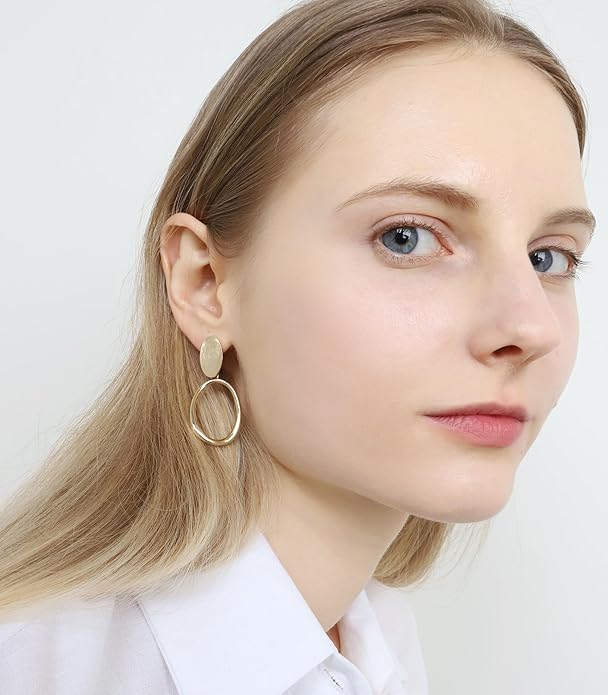OZEL Gold Dangle Earrings for Women Brushed Finish, Matte Gold Statement Jewelry, 14k Gold Plated