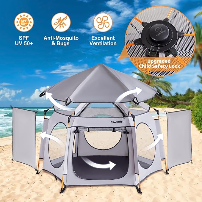 Asweets 4 in 1 Pop Up Playpen Indoor and Outdoor Portable, Lightweight Baby Playpen with Travel Bag,Baby Beach Tent and Play Toddler Play Yard Canopy
