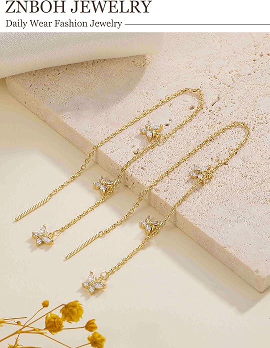 Gold Silver Dangle Earrings for Women Trendy 14K Gold Plated Drop Long Threader Chain Dangling Earring Hypoallergenic Pearl Butterfly Flower Clover CZ Wedding Earrings for Brides Jewelry Gifts