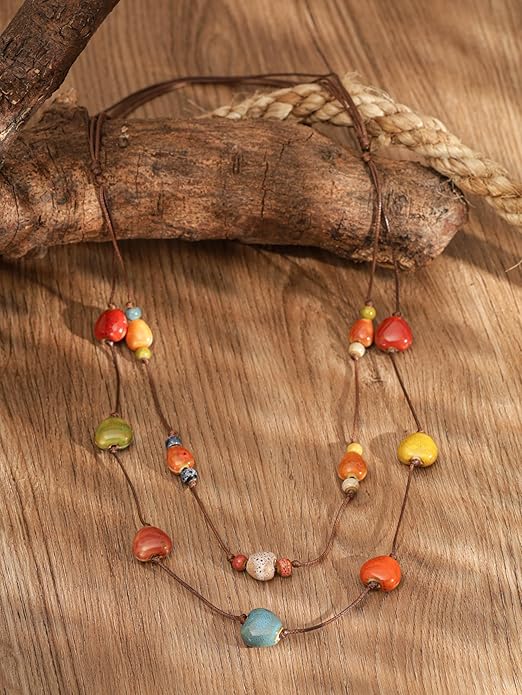MINACHI Hippie Boho Double Layered Colorful Ceramic Heart Round Bead Necklace, Bohemian Jewelry Gifts for Women