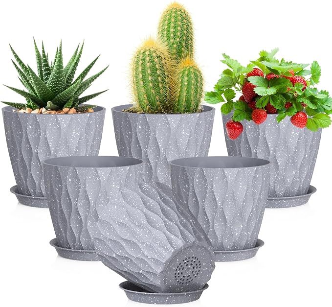 Meowell 5 inch Plant Pots for Indoor Outdoor Plants, 6 Pack Thick Flower Pots by Meowell