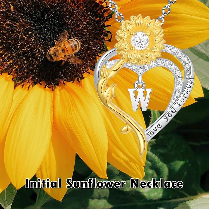 Initial Necklace 925 Sterling Silver Sunflower Heart Letter Pendant Alphabet Anniversary Birthday Jewelry Gifts for Women Mom Girlfriend Wife Her