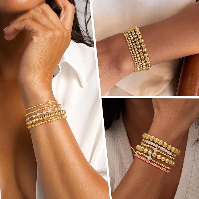 Yoosteel Valentines Day Gifts for Her Kids Teen Girl - 14K Gold Plated Dainty Round Beaded Ball Pearl Cross Bracelet Stack Set for Women Trendy Non Tarnish Teenage Girls Stackable Jewelry Gift