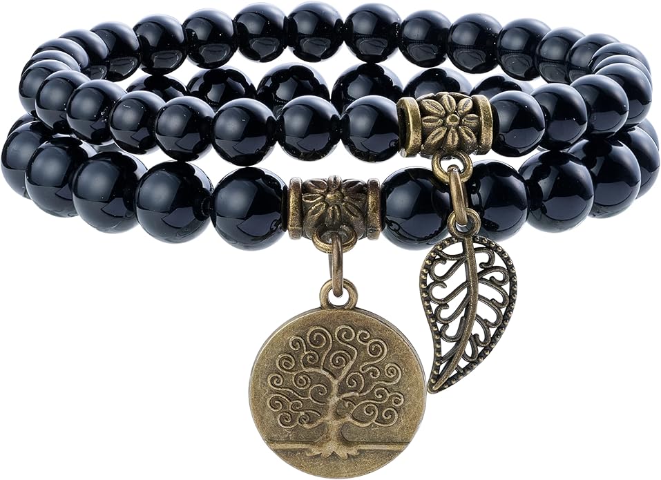 Bivei Natural Semi Precious Gemstone beads bracelet for women - Life Tree and Leaf Charm Energy Reiki Crystal Stretch Bracelets