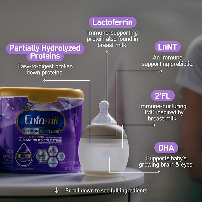 Enfamil Optimum (Enspire) Gentlease, Our Closest Formula to Breast Milk, Immune-Supporting Lactoferrin and Brain-Supporting DHA Baby Formula - Powder 19.5 Oz Tub