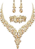 BriLove Women's Wedding Bridal Austrian Crystal Teardrop Flower Cluster Statement Necklace Dangle Earrings Jewelry Set for Party Prom