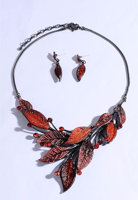 AMYJANE Vintage Statement Jewelry Set - Spring Leaf Flower Floral Plant Necklace Earring Set Crystal Rhinestone Fashion Costume Jewelry for Women Prom Party Unique Gift