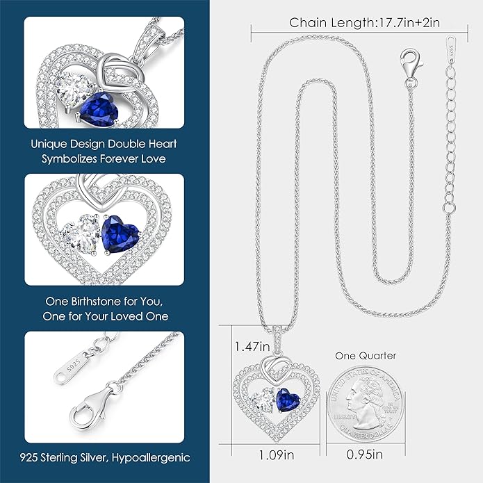 LOUISA SECRET Sparkling Double Heart Birthstone Necklaces for Women, 925 Sterling Silver Fine Jewelry, Pendant Heart Necklaces Birthday Anniversary Christmas Gift for Women Wife Mom Girlfriend Lady