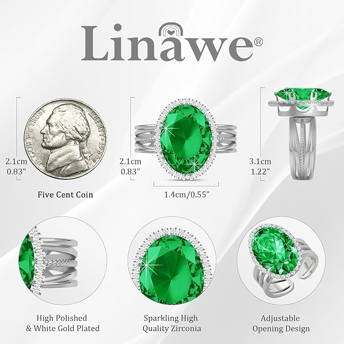 Linawe Birthstone Chunky Adjustable Rings for Women, Gold/Silver/Rose Gold Statement Rings, Imitation Diamond Fake Gemstone Crystal Cocktail Ring, Cubic Zirconia Costume Jewelry