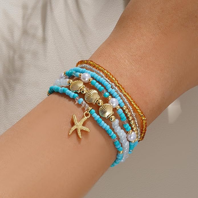 Shell Bracelet Seashell Boho Beaded Stretch Bracelets for Women Summer Beach Bracelets Starfish Charm Bracelet Stackable Gold Plated Bracelets Set for Women