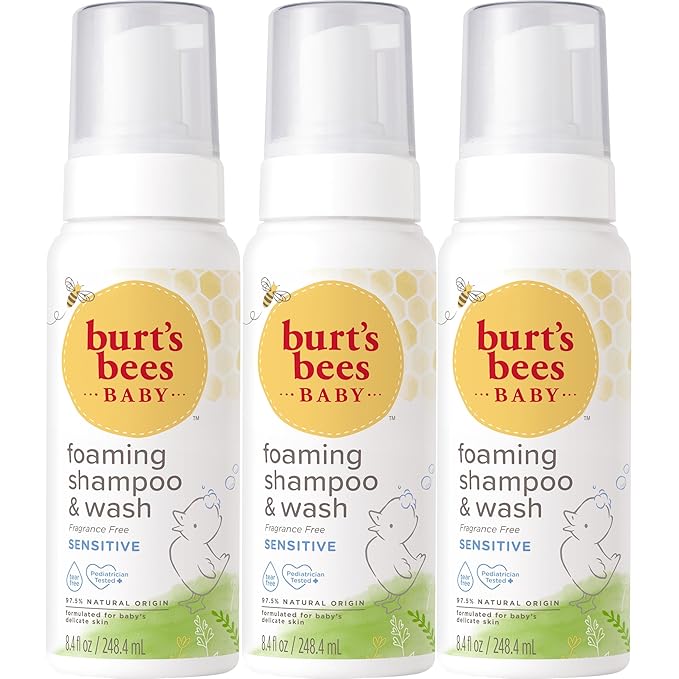 Burt's Bees Baby Sensitive Foaming Shampoo and Wash, Fragrance Free, Tear Free, Pediatrician Tested, 97.5% Natural Origin, 8.4 Fluid Ounces, Pack of 3