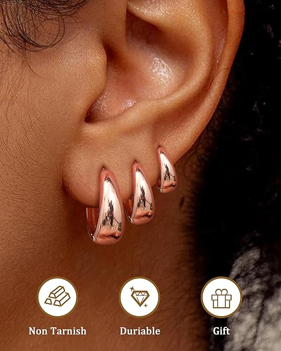 BESTEEL 3Pairs 14K Gold Plated Hoop Earrings Set for Women Chunky Earring Silver Plated Hypoallergenic Small Huggie Hoops Lightweight Tiny Thick Trendy Hoop Earrings Stacks for Multiple Piercing