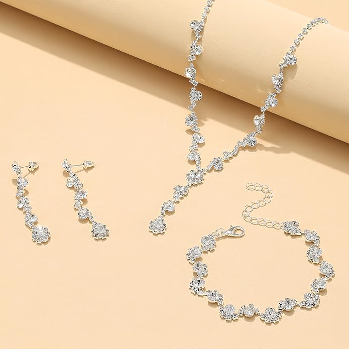 FUNRUN JEWELRY Silver Jewelry Set for Women Rhinestone Necklace and Earrings Bridal Wedding Jewelry Sets for Brides Bridesmaid Crystal Wedding Prom Jewelry