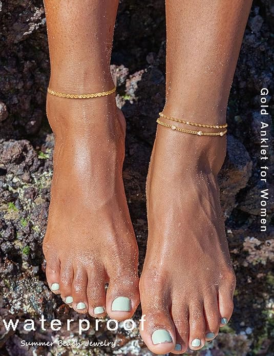 RLMOON Gold Anklets for Women CZ Ankle Bracelet 14K Gold/Silver Plated Waterproof Dainty Layered Tennis Heart Dot Chain Silver Anklets Trendy Foot Jewelry