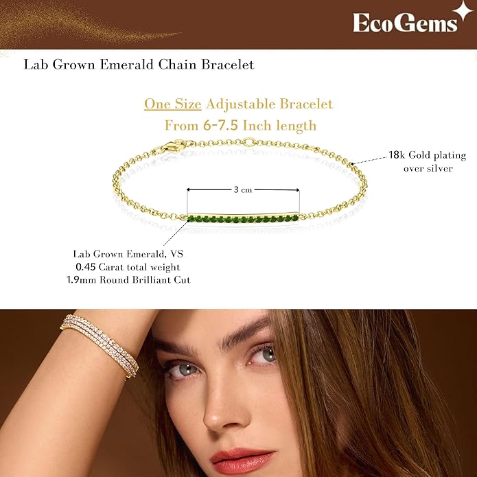 EcoGems Lab Grown Gemstone & Moissanite Bracelets – 14K/18K White or Yellow Gold Plated Sterling Silver – D Color VVS/VS Clarity – Elegant Sustainable Jewelry Gift with Gift Box