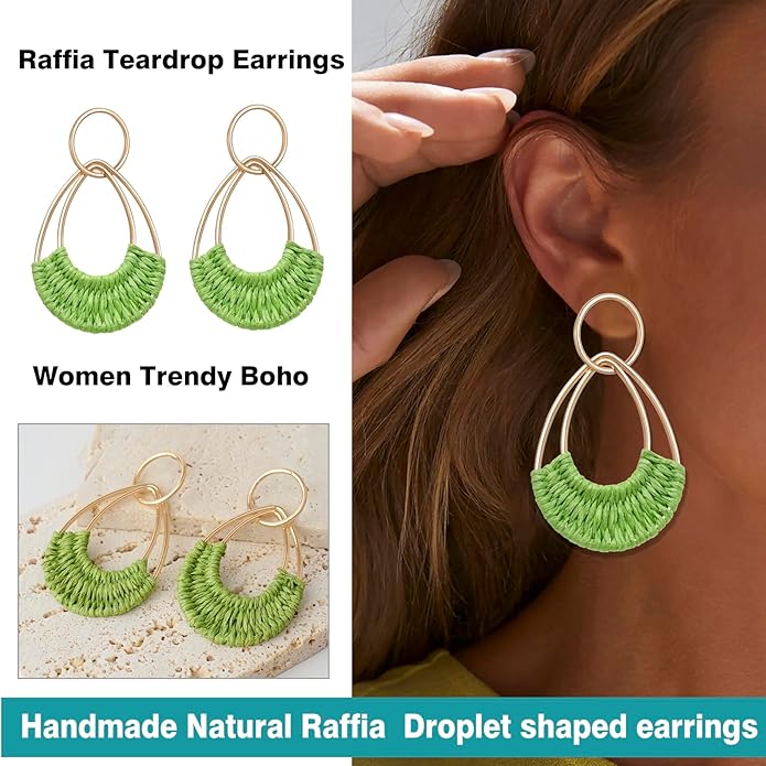 Raffia Hoop Earrings for Women Fun Boho Summer Beach Earrings Lightweight Handmade Straw Wicker Rattan Dangle Earrings Statement Geometric Round Drop Earrings