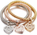 Crystal Charms Multilayer Bracelets - 3PCS Gold/Silver/Rose Gold Corn Chain Bracelet for Women, Tree of Life Heart Shaped Stretch Bracelet