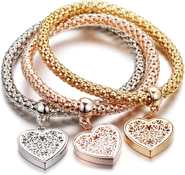 Crystal Charms Multilayer Bracelets - 3PCS Gold/Silver/Rose Gold Corn Chain Bracelet for Women, Tree of Life Heart Shaped Stretch Bracelet