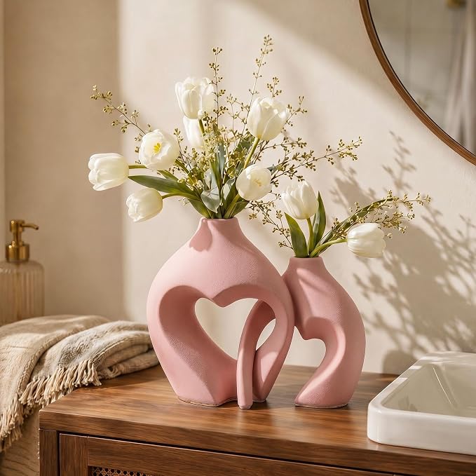 Ceramic Flower Vases Table Decor Heart Shaped Vase Set of 2 Pink | Nordic Heart - Image 4