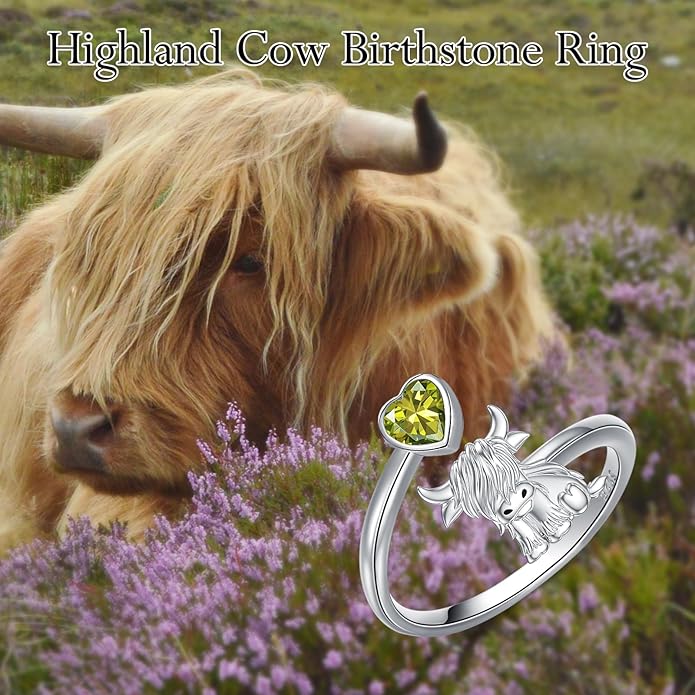 Highland Cow Ring 925 Sterling Silver Adjustable Ring Birthstone Ring Engraved Name Highland Cow Gifts Jewelry for Women