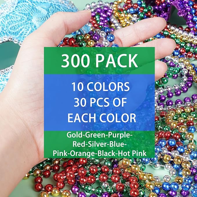 ZYFLSQ 300 Pcs Mardi Gras Beads Necklaces Bulk, 33" 7mm Multi Colors Metallic Beaded Necklaces for Party Costume Necklaces (10 Colors)