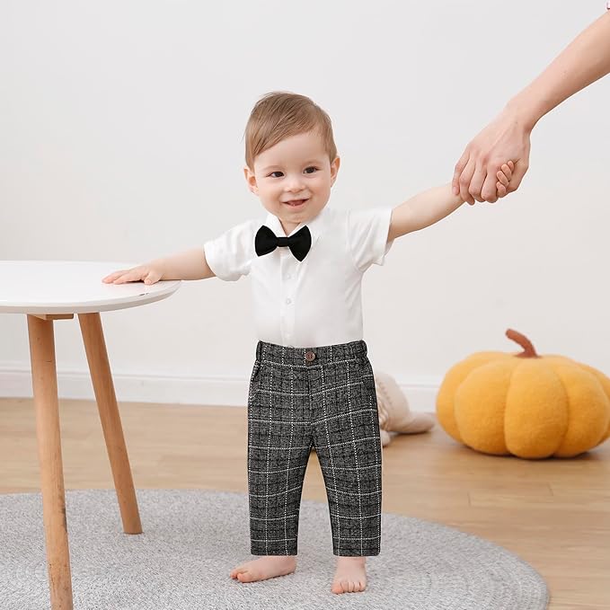 DISAUR Baby Boy Clothes Toddler Boy Outfits 4PCS Gentleman Dress Romper/Vest/Pants/Bow Tie Cotton Suit Sets