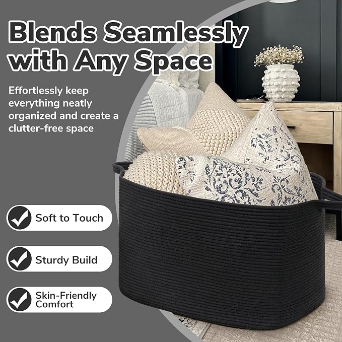 Goodpick 85L Large Woven Rope Blanket Basket, Pillows & Toys, Living Room & - Image 5